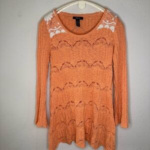 Style & Co. Crocheted Tunic Peach Lace Accents Long Sleeve Top Women’s Size Med